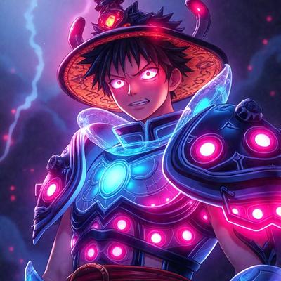 The primary subject of the image is a man wearing a hat and a blue and pink outfit. He appears to be a character from a video game, possibly a manga or anime character. The setting is a dark background, which adds to the dramatic atmosphere of the scene. The visual style is a digital art or illustration, with the man's outfit and the overall composition of the image giving it a unique and eye-catching appearance. The colors and mood of the image are predominantly blue and